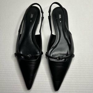 (RARELY WORN) Zara Pointed Flat Leather Slingbacks Black